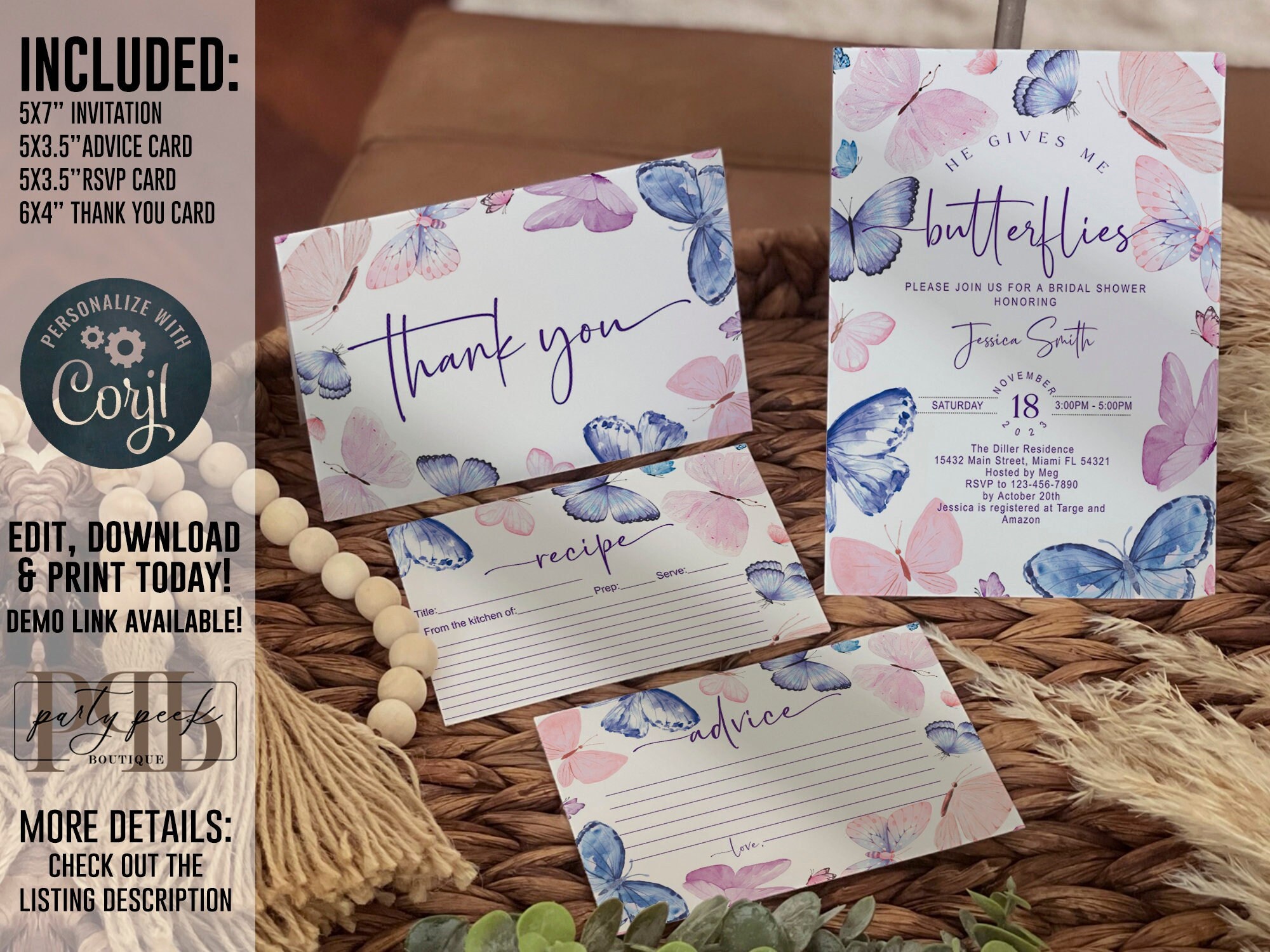 Ensemble modifiable d'invitations nuptiales papillons, il me donne une douche nuptiale papillons, carte de conseils, carte de remerciement, numérique, instantané