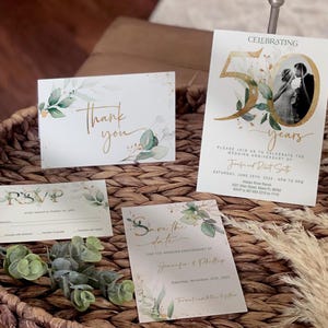50th Anniversary Set, Invite with Photo, RSVP, Save the Date, Thank you card, Greenery, Gold, Elegant,  Eucalyptus, Editable, Digital