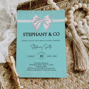 Invitación para despedida de soltera de Bride & Co., Desayuno con diamantes, turquesa, digital, imprimible, plantilla, descarga instantánea, editable