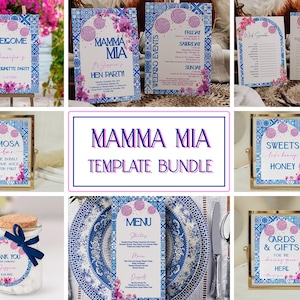 Può includere: Un pacchetto di modelli stampabili per una festa a tema Mamma Mia. Il pacchetto include cartelli per un bar di mimosa, un tavolo di dolciumi e un tavolo per biglietti e regali. Ci sono anche modelli per un cartello di benvenuto, eventi del fine settimana e un menu.