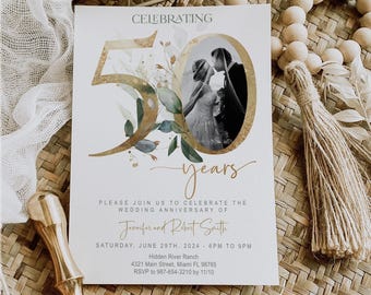 50th Anniversary invitation, Greenery, Gold, Elegant, Foliage, Eucalyptus, Wedding Anniversary Invitation with Photo, Editable, Digital
