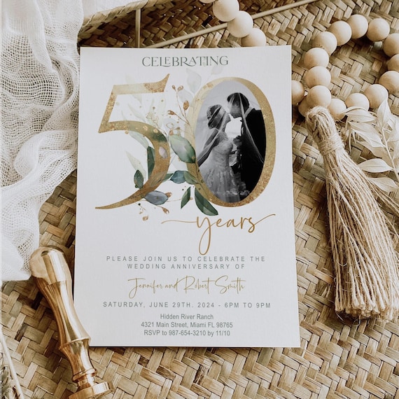 50th Anniversary invitation, Greenery, Gold, Elegant, Foliage, Eucalyptus, Wedding Anniversary Invitation with Photo, Editable, Digital