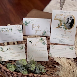 Ensemble 50e anniversaire de mariage, invitation w. Photo, RSVP, Détails, Réservez cette date, Partagez un souvenir, Carte de remerciement, Verdure, Or, Eucalyptus