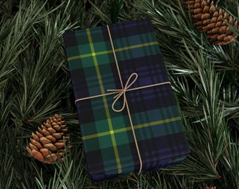 Christmas Green Navy Plaid Wrapping Paper | Tartan Gift Wrap Roll