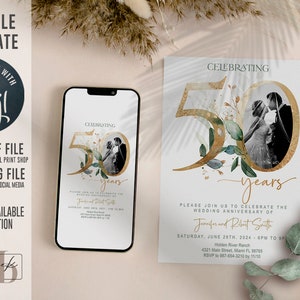 50周年記念招待状、緑、ゴールド、エレガント、葉、ユーカリ、写真付き結婚記念日招待状、編集可能、デジタル 画像 2