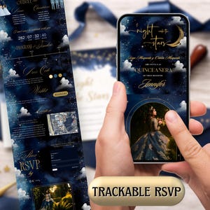 May include: A digital invitation for a quinceañera, featuring a starry night sky design. The invitation includes event details, RSVP information, and the text "Night of the Stars." A smartphone displays the invitation, with a "Trackable RSVP" button.