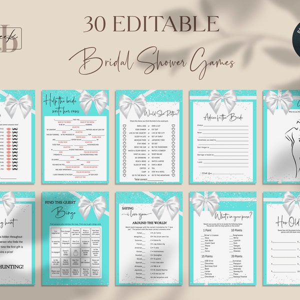 Editable Bride & Co Bridal Shower Game set, Breakfast at Tiffany, 30 games, Bingo, Emoji Pictionary, Who knows the bride best, Digital