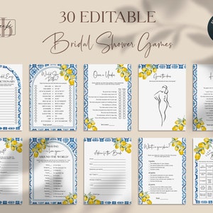 Ensemble de jeux de douche nuptiale modifiable sur la côte amalfitaine, Positano, 30 jeux, Méditerranée, Bingo, Emoji Pictionary, Qui connaît le mieux la mariée, Numérique