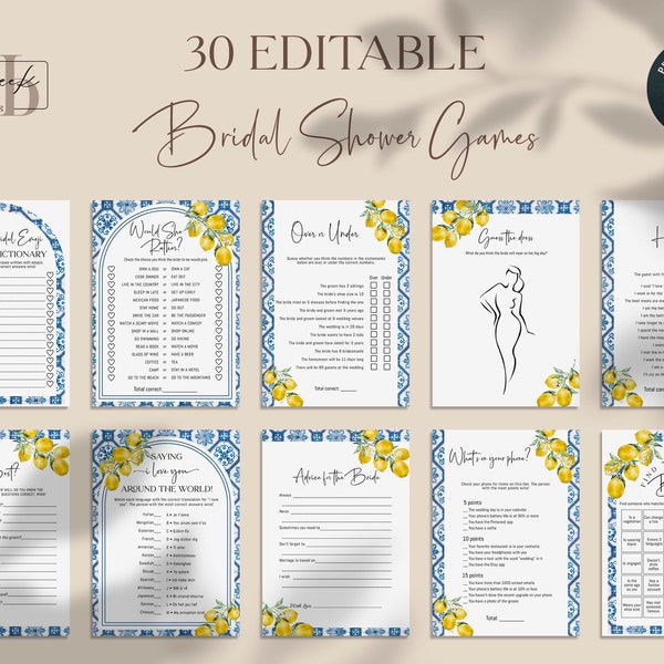 Editable Amalfi Coast Bridal Shower Game set, Positano, 30 games, Mediterranean, Bingo, Emoji Pictionary, Who knows the bride best, Digital