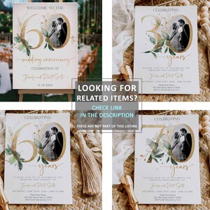 Puede incluir: Cuatro invitaciones de aniversario de boda imprimibles con n&uacute;meros dorados y follaje verde. Las invitaciones presentan una foto de una pareja y el texto "Celebrando [n&uacute;mero] a&ntilde;os".