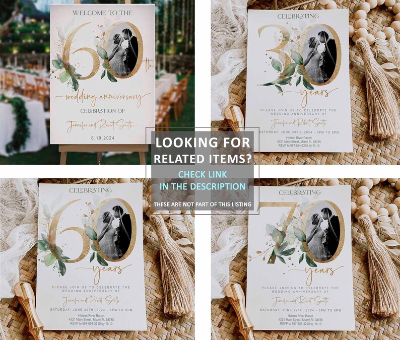Puede incluir: Cuatro invitaciones de aniversario de boda imprimibles con n&uacute;meros dorados y follaje verde. Las invitaciones presentan una foto de una pareja y el texto "Celebrando [n&uacute;mero] a&ntilde;os".
