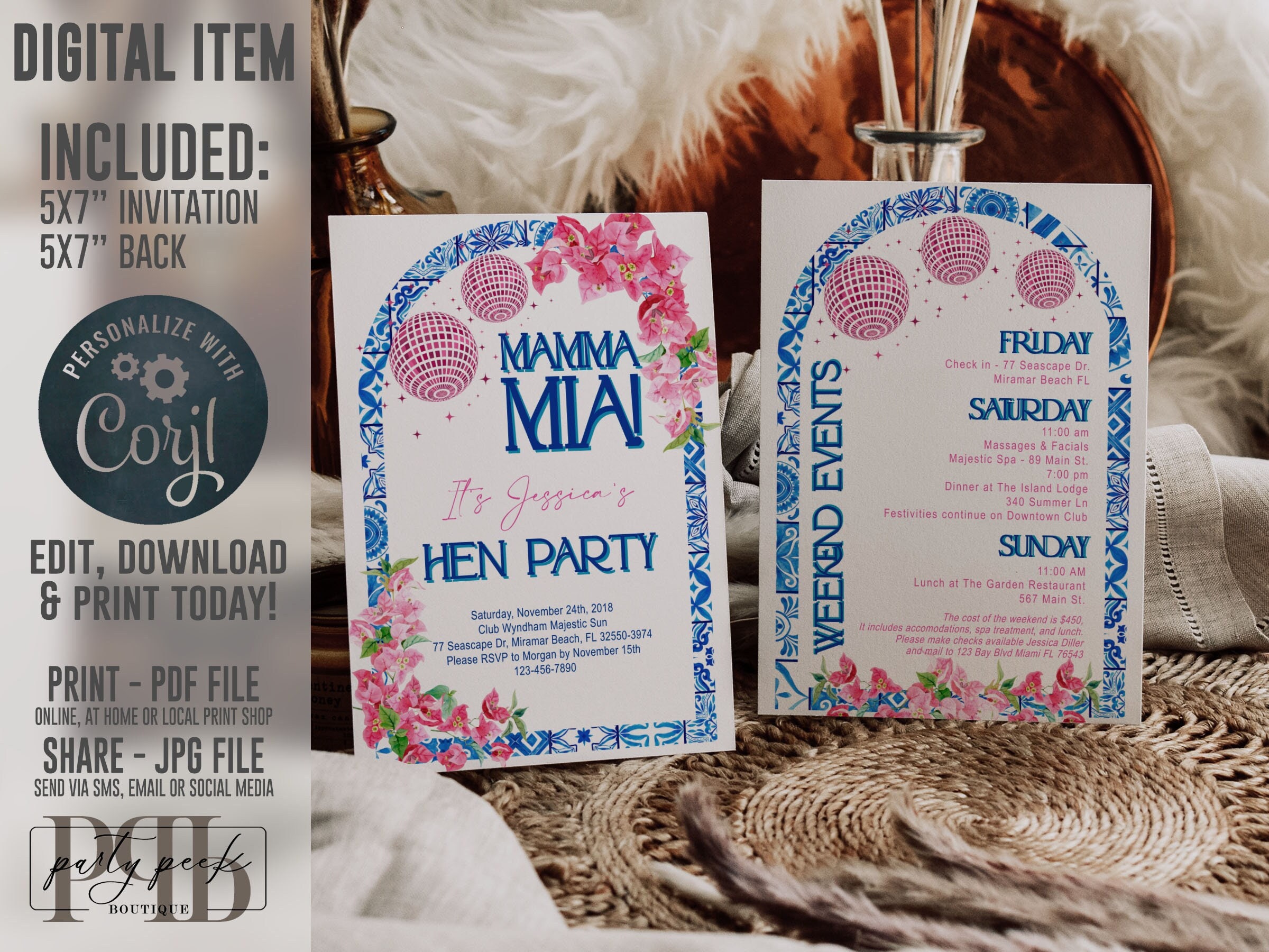 Editable Mamma Mia Bachelorette Invitation with Back Mamma Mia Party Disco Hen Party Itinerary Digital Instant Download