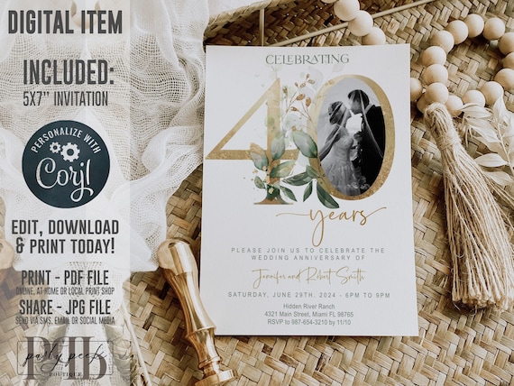 40th Anniversary invitation, Greenery, Gold, Elegant, Foliage, Eucalyptus, Wedding Anniversary Invitation with Photo, Editable, Digital