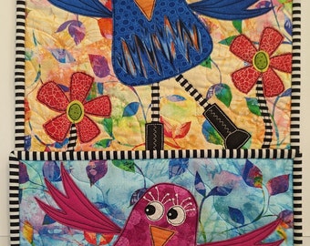 Bobby & Marcie - PRINTED Full Color Pattern Mini Quilt - Bird Pattern - Raw edge Applique - Wonky Bluebird - RazBeca&#39;s Birds