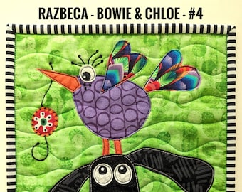 Bowie & Chloe_PRINTED Pattern #4 - Full Color - Mini Quilt - Raw edge Applique - RazBeca - The Flower - Dog – Bird