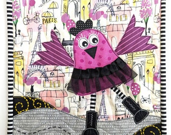 Lola in Paris PDF Full Color Pattern - Mini Quilt - Quilt block - Bird Pattern - Raw edge Applique - RazBecas Birds - Chicken