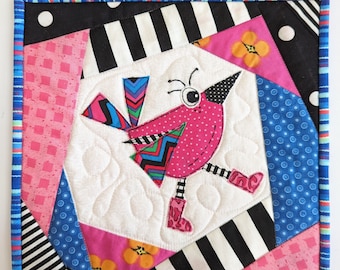 Ava on Ice - PRINTED Applique Page Mini Quilt Raw Edge Applique Wonky Bird - Crazy block - RazBeca's Birds
