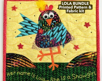 LOLA BUNDLE - Printed Pattern & Fabric kit - Mini Quilt - Quilt block - Bird Pattern - Raw edge Applique - RazBeca's Birds - Creating Lola