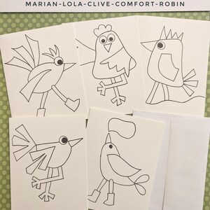 May include: A set of blank note cards with whimsical bird illustrations in black ink. The cards feature various bird designs, each with unique characteristics. The text "RAZBECA CRAFT PROJECT NOTE CARDS" is at the top. Includes white envelopes.