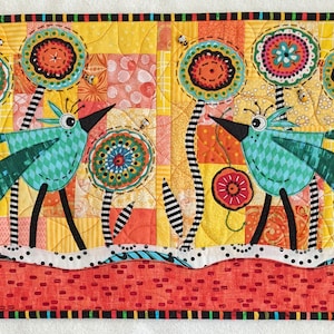 Sparky & Flicker - PRINTED PATTERN Full color- Mini Quilt wall hanging RazBeca&#39;s Birds - Raw Edge Applique -  Melody&#39;s Garden