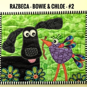 Bowie & Chloe_PDF Pattern #2 - Full Color - Mini Quilt - Raw edge Applique - RazBeca - Story about the Worm - Dog - Bird