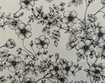 White 100% Cotton Fabric with Black linear flowers and foliage-18" x 21". Fat Qtr. Great for use w/RazBeca Jay Applique page.