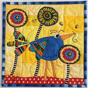 Perry PDF Pattern - Full Color - Mini Quilt- Bird Pattern - Raw edge Applique - RazBeca's Birds - Perry in Melody's Garden