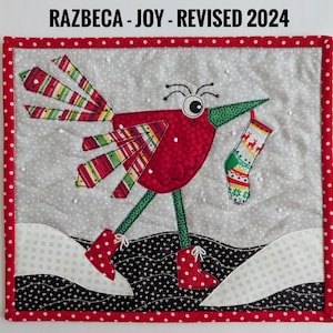 May include: A red bird with a green beak and large eye holding a colorful Christmas stocking. The bird is standing on a black and white background with white snowdrifts. The background is a light gray with white polka dots.