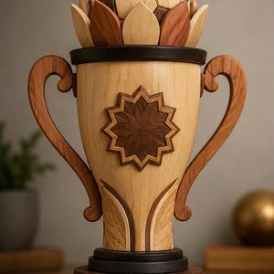 Peut inclure: Un trophée décoratif en bois surmonté d'un ballon de football, avec une incrustation centrale en forme d'étoile et deux anses incurvées. L'objet est composé de tons de bois clair et foncé, avec une base circulaire ornée de trois petites étoiles.