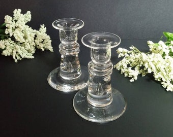 Steuben Low Teardrop Crystal Candlestick Pair – Mid-Century Crystal Glassware