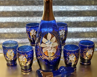 Cobalt Blue Glass Decanter and Shot Glasses Set- Gold Gilt Hand Painted Floral Barware- Vintage Murano Style