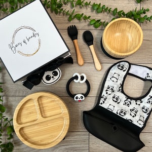 Baby gift box | Personalized baby shower gift | Gender neutral plate set | Panda themed gift set | Wood feeding set |