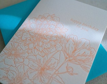 Letterpress Floral Birthday Card, happy birthday, birthday card for her, flowery birthday greeting card, bday card