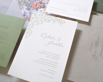 Whimsical letterpress wedding invitation sample, garden party wedding stationery suite