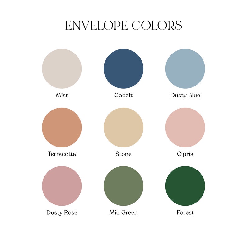 Peut inclure: Un nuancier de couleurs d'enveloppes avec neuf &eacute;chantillons de couleurs. Les couleurs sont : Brume, Cobalt, Bleu Poussi&eacute;reux, Terre Cuite, Pierre, Cipria, Rose Poussi&eacute;reux, Vert Moyen et For&ecirc;t.