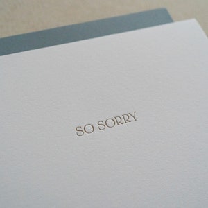 Detail of So Sorry text on sympathy card with blue envelope