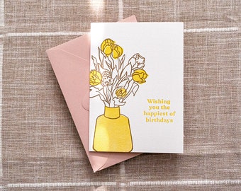 Floral Letterpress Birthday Card, wishing you the happiest of birthdays, bday card, birthday card for her, birthday card for friend