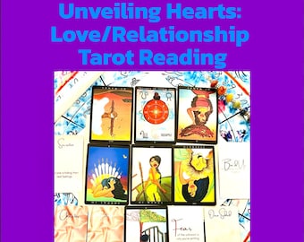 May include: A tarot card spread featuring the text Unveiling Hearts: Love/Relationship Tarot Reading at the top and beyoutillfull.love at the bottom. The layout includes multiple illustrated cards with various figures and symbols, alongside several white cards with printed text labels like Secretive, Cheater, Fear, and One Sided.