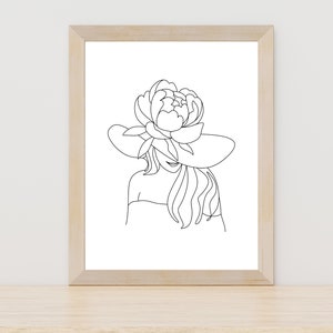 Women with Flower Hat Line Art, Head of Flowers Art Print, Flowers Woman Print, Minimalist Female Line Drawing, Female One Line Drawing Art