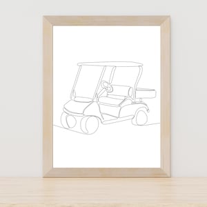 Grafiki liniowe wózków golfowych, Grafiki liniowe golfowe, Prezent dla miłośnika golfa, Grafiki ścienne wózków golfowych, Prezent dla miłośnika golfa, Dekoracje ścienne golfowe, Minimalistyczna gra liniowa golfowa