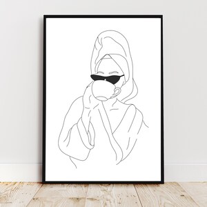 May include: Line art drawing of a person wearing a bathrobe and sunglasses, holding a cup of coffee or tea.