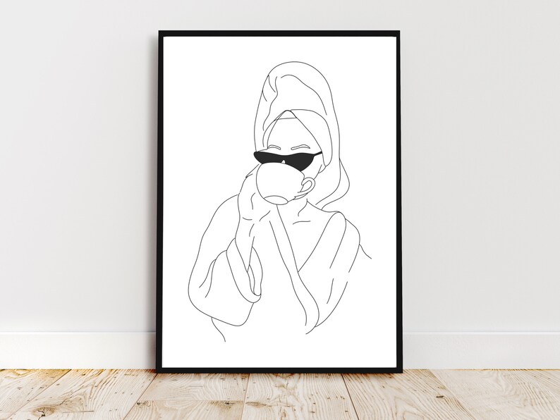 May include: Line art drawing of a person wearing a bathrobe and sunglasses, holding a cup of coffee or tea.
