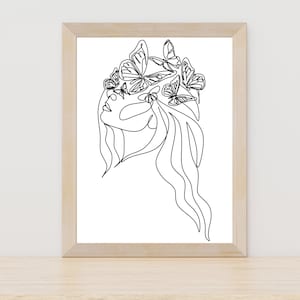 Woman with Butterfly Line Art Print, Female Wall Art, Minimalist Decor, Woman One Line Drawing, Black and White Art,Printable Wall Art Decor