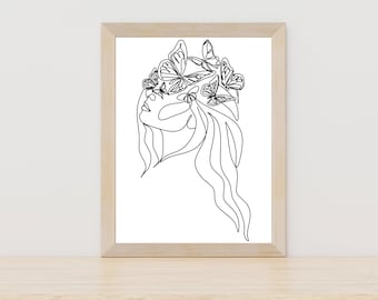 Woman with Butterfly Line Art Print, Female Wall Art, Minimalist Decor, Woman One Line Drawing, Black and White Art,Printable Wall Art Decor