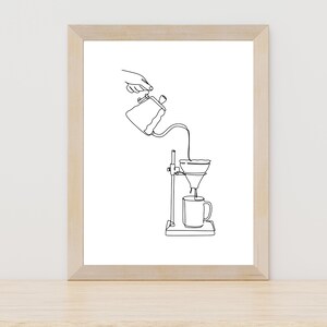 May include: A black and white line drawing of a pour-over coffee maker with a hand pouring water from a kettle into the filter.