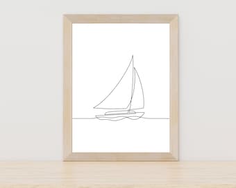 Arte minimalista de la línea del velero, Impresión deportiva de vela, Arte del velero, Impresión del barco, Arte de la pared de la guardería, Arte del barco, Pintura del velero, Regalo de vela