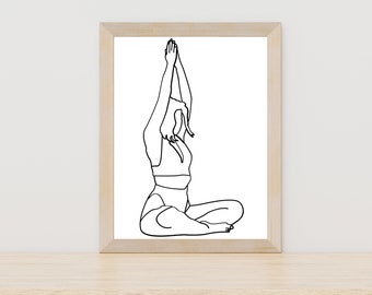 May include: Line art drawing of a person in a yoga pose with arms raised above their head.