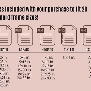May include: A graphic showing 5 different file types, PNG, for 20 standard frame sizes. The sizes are listed in inches, including 4x6, 6x9, 8x12, 10x15, 12x18, 16x24, 20x30, and 24x36. The graphic also includes ISO standard sizes, including A5, A4, A3, A2, and A1.