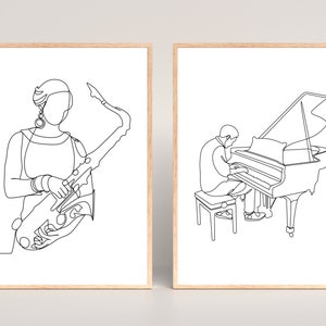 Saxophone and Piano Musician Line Art Set of 2 Print, Musician Wall Art, Saxophonist Wall Decor, Pianist Wall Decor, Saxophone Poster, Music