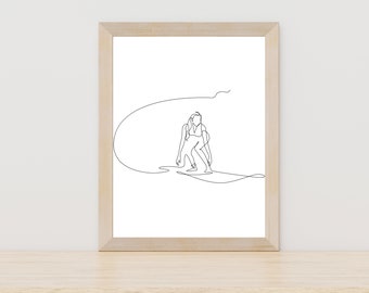 Woman Surf Line Drawing, Surf Art Print, Surf Line Art, Minimalist Wall Art, One Line Art Print, Single Line Drawing, Printable Wall Art